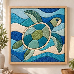 Puede incluir: Una pieza de arte mural cuadrada que presenta un mosaico de tela de una tortuga marina en tonos azules, verdes y crema. La tortuga está centrada sobre un fondo ondulado de tela azul estampada, todo dentro de un marco de madera clara.