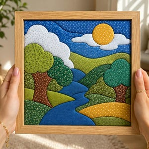 Puede incluir: Una pieza de arte mural de tela cuadrada en un marco de madera clara con una escena de paisaje acolchado. El diseño incluye un río azul sinuoso, colinas verdes, dos árboles con troncos marrones, nubes blancas y un sol amarillo en el cielo.