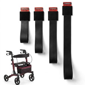 May include: A burgundy four-wheeled rollator with a seat and storage basket, accompanied by four black Strapsall SnakeStrap utility straps of varying lengths, each featuring a red label with white text and a black hook-and-loop fastener.