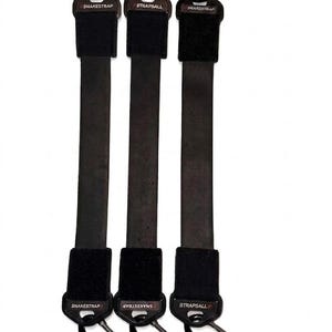 May include: Three black straps with carabiner clips. Each strap has a black Velcro section and a metal clip. The text "SNAKESTRAP" and "STRAPSALL" is printed on the straps.