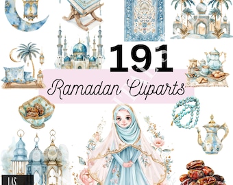 Clipart de Ramadán azul claro con derechos de reventa PLR / Paquete de 191 cliparts / Pegatinas Kwaii