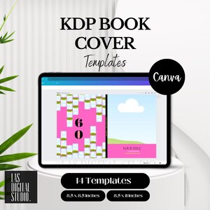 May include: A digital tablet shows a KDP book cover template with a pink and green design. The screen displays the numbers "60" and the words "Your Title". The image also includes the text "KDP BOOK COVER Templates", "Canva", and "14 Templates". The dimensions are 21.6 x 21.6 cm and 21.6 x 27.9 cm.