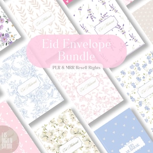 Può includere: Una collezione di buste decorate con motivi floreali e botanici in vari colori, tra cui lavanda, blu e rosa. Il testo "Eid Envelope Bundle" è visualizzato, insieme a "Eid Mubarak" su ogni busta.