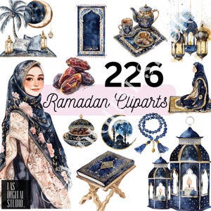 Op de afbeelding: Waterverfillustraties met Ramadan-thema's. De afbeelding bevat een vrouw met een hijab, gebedskleden, lantaarns, een maan, een theepot, dadels en een rozenkrans. De tekst "226 Ramadan Cliparts" is ook aanwezig.
