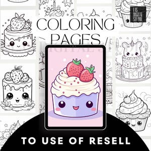Può includere: Pagine da colorare digitali con disegni di cupcake e torte con fragole. L'immagine include il testo "COLORING PAGES / TO USE OF RESELL". I disegni sono in bianco e nero con sfondo rosa.