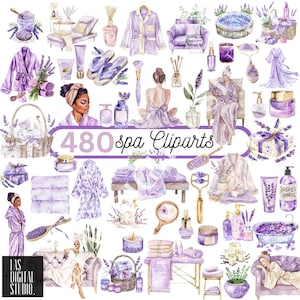 May include: Watercolor illustration of spa-themed items in shades of purple and lavender. The image includes robes, lotions, candles, a massage table, and a woman in a spa setting. Text in the image reads "480 spa Cliparts".