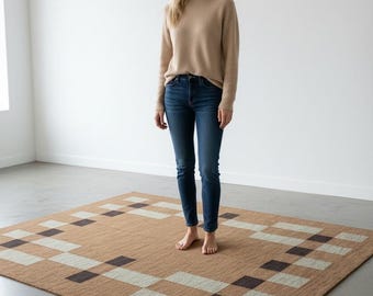 Alfombra tejida a mano de tejido plano – Alfombra escandinava color beige desierto / Lana de Nueva Zelanda / Diseño geométrico minimalista