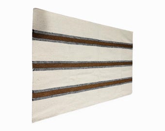 Alfombra de lana tejida a mano: Rayas beige claro y marrón, estilo natural