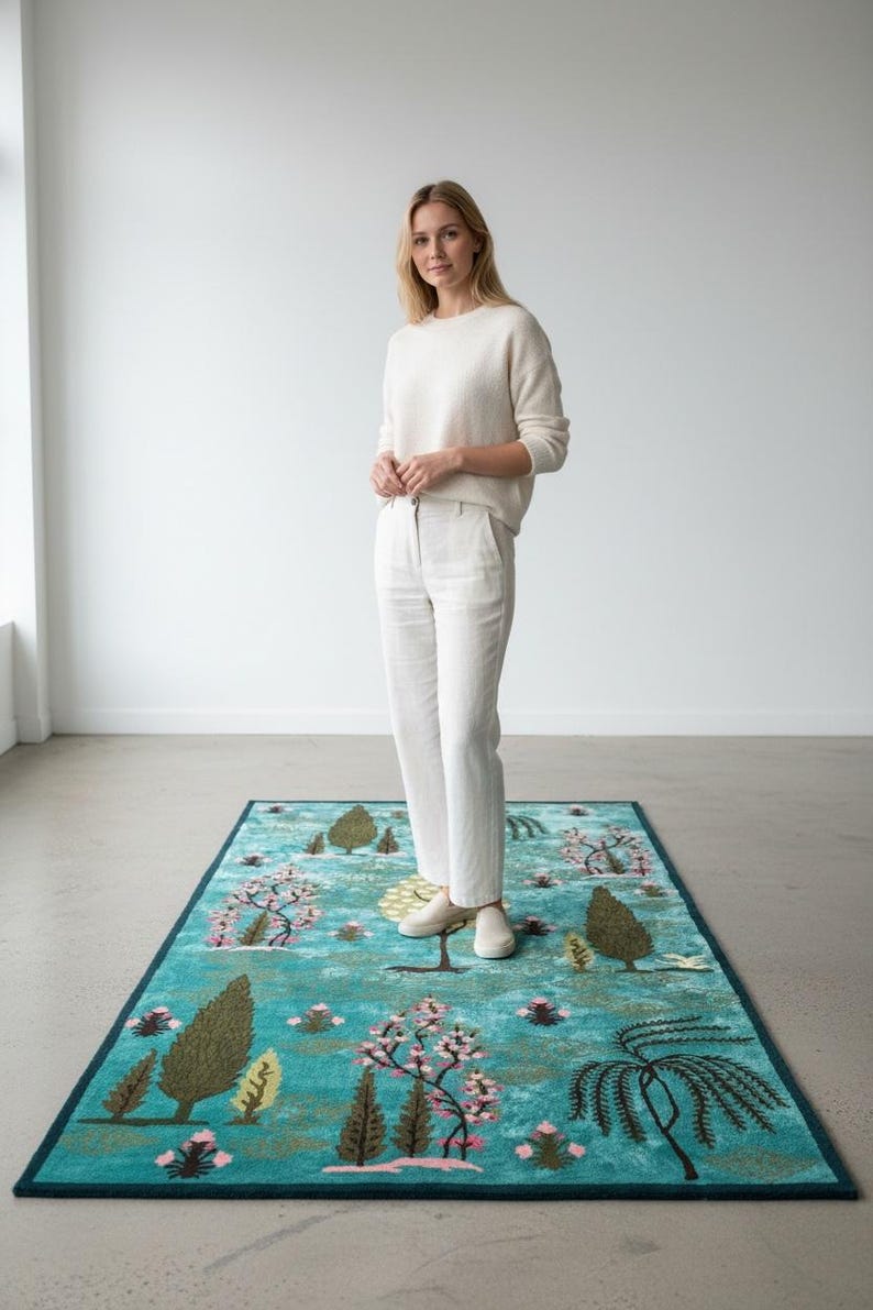 Puede incluir: Una alfombra rectangular turquesa con borde azul oscuro. La alfombra presenta un dise&ntilde;o de paisaje con &aacute;rboles, flores y un estanque. La alfombra mide aproximadamente 152 cm de largo y 91 cm de ancho.