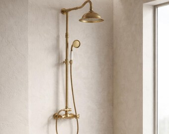 Antique Brass Shower Faucet Set, Wall Mount Rainfall Shower System with Handheld, Vintage Bathroom Tub Mixer, European Style Shower Kit
