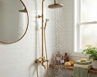 Antique Brass Rainfall Shower System, Wall Mounted Bathroom Shower Faucet, Vintage Brass Mixer Tap with Swivel Spout