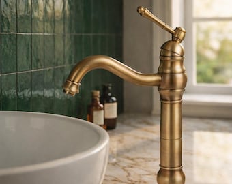 Antique Brass Bathroom Faucet, Tall Vessel Sink, Vintage Farmhouse Style