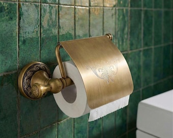 Antique Brass Toilet Paper Holder with Cover | Vintage European Carved Wall Mount Tissue Roll Dispenser | Bathroom Decor