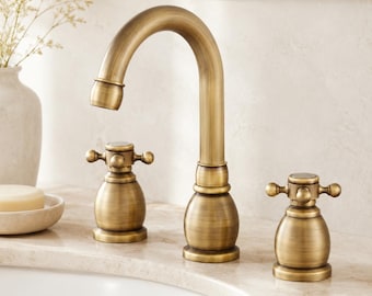 Antique Brass Bathroom Faucet Set, 3 Hole Widespread Vanity Sink Faucet with Dual Handles, Hot Cold Basin Mixer Tap