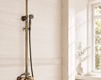 Antike Messingduschhahn-Set, Wandhalterung Dual-Griff-Duschsystem mit 8-Zoll-Regenkopf und Handbrause