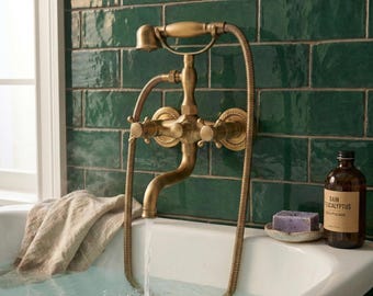 Vintage Solid Brass Wall Mount Bathtub Faucet with Handheld Shower – Antique Brass Tub Filler