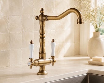Antique Kitchen Faucet, Dual Handle Sink Mixer Tap, Single Hole Deck Mount Faucet, Hot Cold Vintage Kitchen Tap