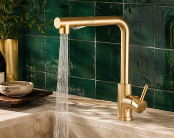 Kitchen Pull Out Faucet, Modern Single Handle Sink Mixer Tap with Rotating Spout, Deck Mount Faucet in Black, Gold or Silver