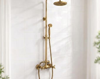 Antique Brass Shower System with Handheld & Rainfall Head – Wall Mount Vintage Outdoor Indoor Shower Set – Rustic Bathroom Fixture