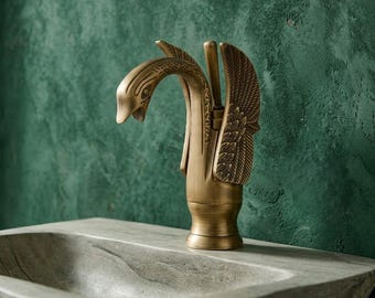 Antique Brass Swan Faucet Bathroom Sink Mixer, Vintage Gold Basin Tap Hot Cold, Victorian Deck Mount Luxury Faucet