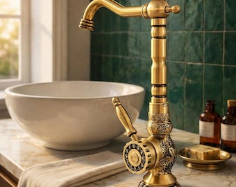 Antique Brass Faucet, Engraved Bathroom Mixer, Tall Vessel Sink Tap or Short Vanity Faucet, Floral Solid Brass Basin Filler, Boho Decor