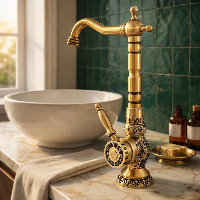 May include: Ornate gold-colored faucet with a curved spout and detailed carvings. The faucet features a lever handle and a decorative base. The background includes a white sink, green tile, and bottles, suggesting a bathroom setting.