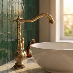 May include: A gold-colored faucet with an ornate design, featuring a curved spout and detailed base. The faucet is set against a backdrop of green tiles and a white sink, suggesting a bathroom setting.