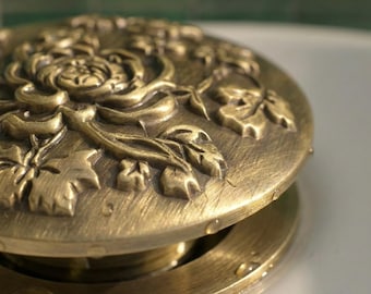 Antique Brass Pop-Up Sink Drain • Engraved Floral Bathroom Vanity Stopper