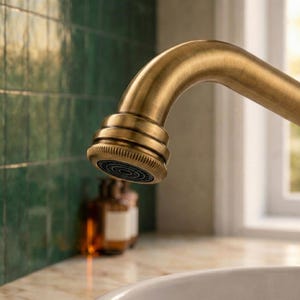 May include: Close-up of a brass faucet with a curved spout. The faucet head has a circular, patterned aerator. The finish is a warm, antique brass color. The background includes a green tiled wall and a glimpse of a window.
