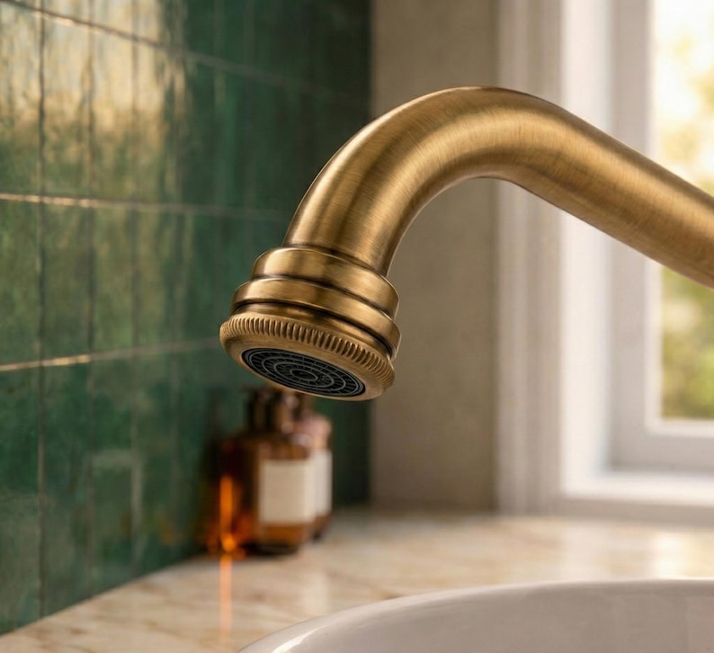 May include: Close-up of a brass faucet with a curved spout. The faucet head has a circular, patterned aerator. The finish is a warm, antique brass color. The background includes a green tiled wall and a glimpse of a window.