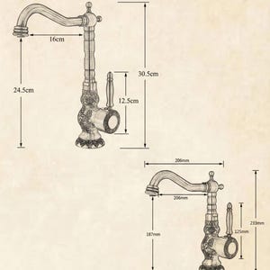 May include: Antique-style faucet with ornate detailing. The faucet is bronze-colored and features a curved spout, measuring 6.3 inches. The overall height is 12 inches, with a spout reach of 9.6 inches. The handle is 4.9 inches high.