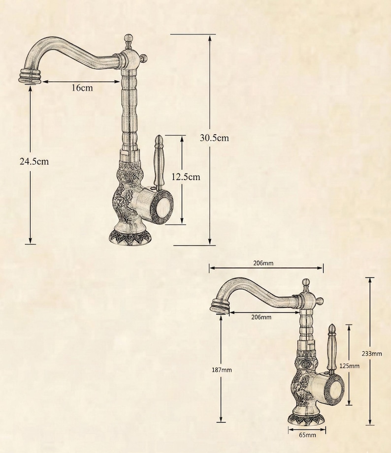 May include: Antique-style faucet with ornate detailing. The faucet is bronze-colored and features a curved spout, measuring 6.3 inches. The overall height is 12 inches, with a spout reach of 9.6 inches. The handle is 4.9 inches high.