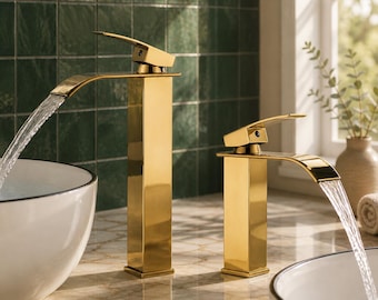 Gold Brass Bathroom Faucet, Vintage Style Single Handle Deck Mount Sink Tap for Vessel or Standard Basin, Vanity Washroom Tap