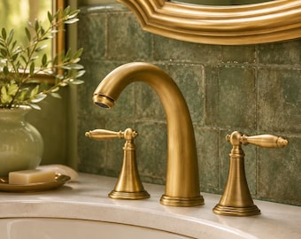 Antique Bronze Basin Faucet Set, 3 Piece Widespread Bathroom Sink Faucet with Dual Handles, Hot Cold Vanity Mixer Tap