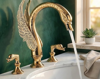 Golden Swan Faucet – Luxury Gold Bathroom Basin Mixer Tap, Swan Handle Vanity Faucet, Antique Brass 3 Hole Double Handle Bathroom Tap