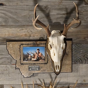 May include: A wooden wall plaque shaped like the state of Montana featuring a deer skull mount, a rectangular photo frame with a barbed wire border, and a metal plate inscribed with "Marias River WMA 11-17-2025" and a deer icon.