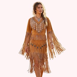 formal cowgirl dress Sdeycui 2025 Women's Western Cowgirl Suede Dress Vintage Long Sleeve Slim Fit Fringe Dress Formal Dresses with Lapel and Zip, Size: Medium