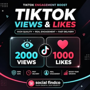 Pode incluir: Um anúncio gráfico digital para serviços de engajamento no TikTok com o texto TIKTOK VIEWS & LIKES, 2000 VIEWS, 1000 LIKES e social findco. O design inclui um logotipo do TikTok, um ícone de olho, um coração e várias etiquetas de serviço.