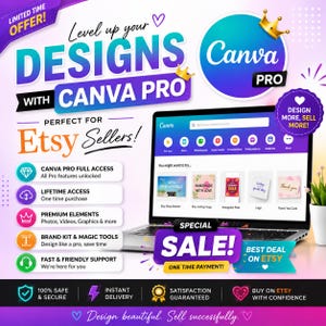 May include: A laptop displaying the Canva interface, with text promoting Canva Pro for Etsy sellers. The image features a purple and blue color scheme with text that reads "Design More, Sell More!" and "Special Sale!"
