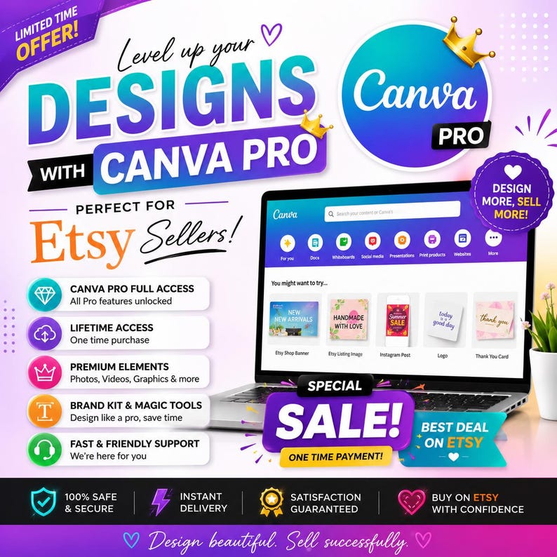 May include: A laptop displaying the Canva interface, with text promoting Canva Pro for Etsy sellers. The image features a purple and blue color scheme with text that reads "Design More, Sell More!" and "Special Sale!"