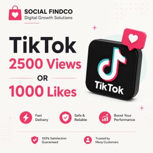 Op de afbeelding: Een digitale marketingafbeelding voor Social Findco met het TikTok-logo op een zwart vierkant en een roze hartpictogram. De tekst luidt TikTok 2500 Views OR 1000 Likes, Fast Delivery, Safe & Reliable, Boost Your Performance, 100% Satisfaction Guaranteed.