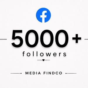 Puede incluir: Fondo blanco con el logotipo de Facebook en un círculo azul en la parte superior. El texto negro en negrita dice "5000+ followers" con el logotipo de Media Findco en la parte inferior. El diseño es simple y limpio.