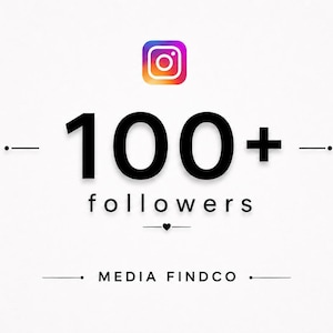 以下が含まれることがあります： 白い背景に、上部にInstagramのロゴ、続いて「100+ followers」のテキスト。下には「MEDIA FINDCO」のテキストが表示されています。デザインはクリーンでモダンで、ソーシャルメディアに焦点を当てています。