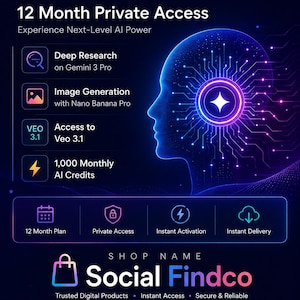 May include: Promotional graphic for Gemini AI Pro, offering 12-month private access. Features include deep research, image generation, and 1,000 monthly AI credits. The design is dark blue with neon accents, and the text "Social Findco" is prominently displayed.