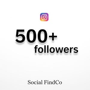 Könnte beinhalten: Bild mit dem Instagram-Logo oben, gefolgt vom Text "500+ followers" in Schwarz. Die Wörter sind auf weißem Hintergrund zentriert. Der Firmenname "Social FindCo" steht unten.
