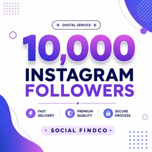 Peut inclure: Un graphique de service numérique affichant le texte 10 000 INSTAGRAM FOLLOWERS en dégradé violet. En dessous, trois icônes circulaires présentent les mentions FAST DELIVERY, PREMIUM QUALITY et SECURE PROCESS, avec la marque SOCIAL FINDCO en bas.