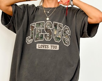 Comfort Colors Trendy Camo Jesus Loves You T-shirt, Unique Christian Wear, Faith Based Apparel Gift, Stylish Retro Camo Graphic Tee