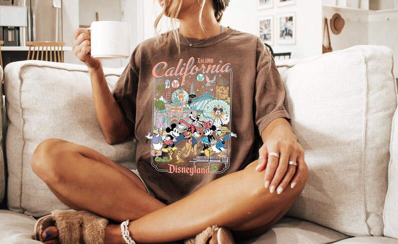 Puede incluir: Camiseta marr&oacute;n con un dise&ntilde;o colorido de Disneyland, con personajes y atracciones. El texto "California Disneyland Est. 1955" est&aacute; presente. La persona est&aacute; sentada en un sof&aacute; beige.
