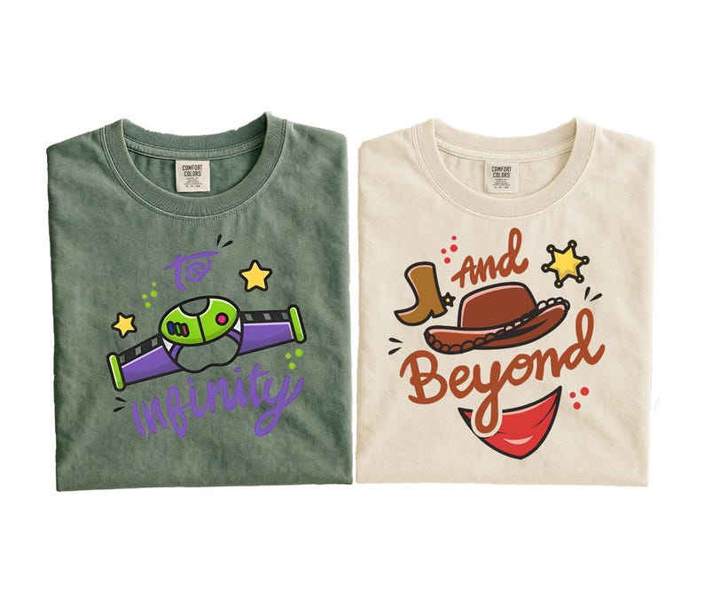 May include: Two t-shirts, one green and one cream-colored, with cartoon graphics. The green shirt features a purple and green spaceship design with the words "To Infinity" in purple. The cream shirt has a cowboy hat, boot, and the words "And Beyond".