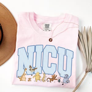 May include: A light pink t-shirt featuring the text NICU in large blue and white striped varsity-style letters. Below the text are small illustrations of various cartoon characters including a bear, a tiger, a donkey, and a small piglet.